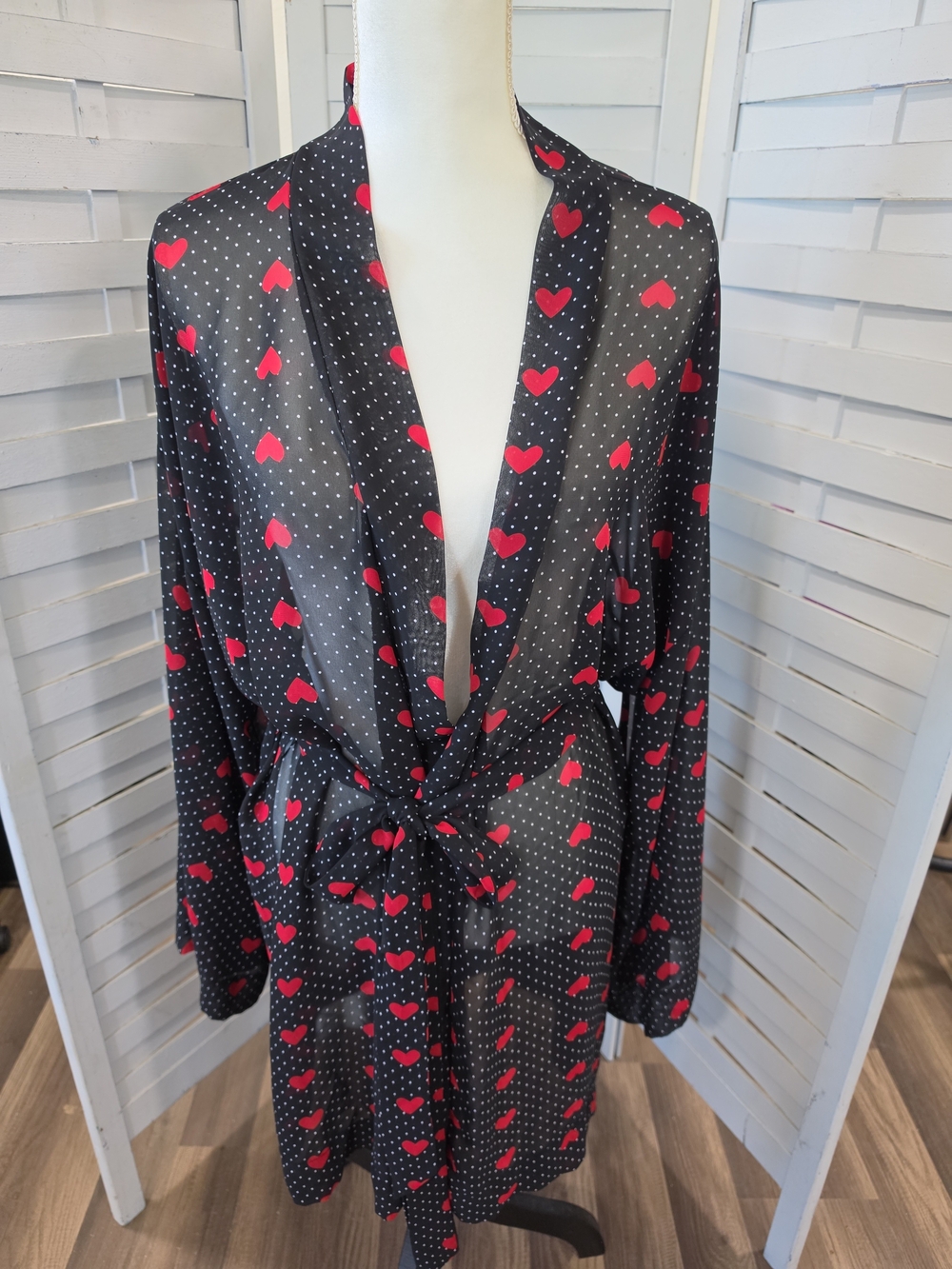 Cacique Black Robe with Red Heart Print Sheer Size 18/20